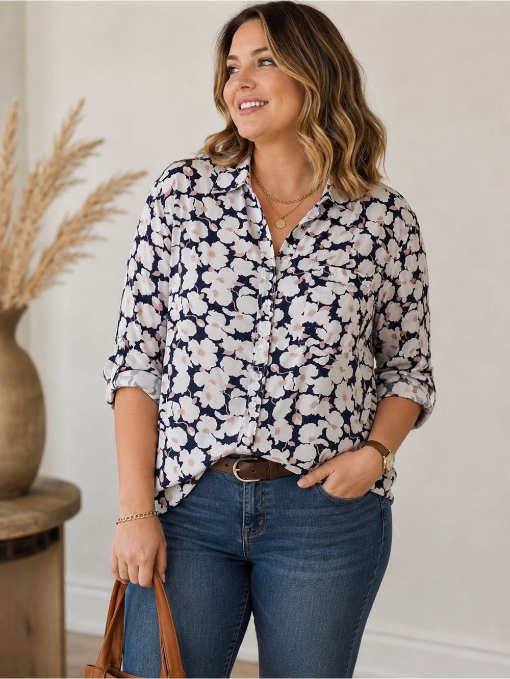 SKIES ARE BLUE Women’s Floral Button Down Long Sleeve Top Blouse Plus Size XXL